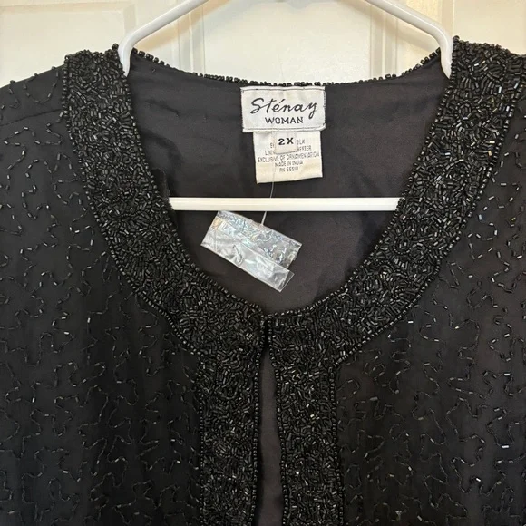 Stenay Women's Size 2X Jacket Silk Beaded Black Evening Cocktail Open Front NWT